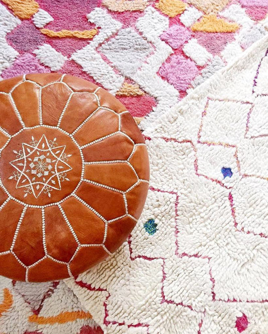 Brown Leather Moroccan Pouf - Hesby