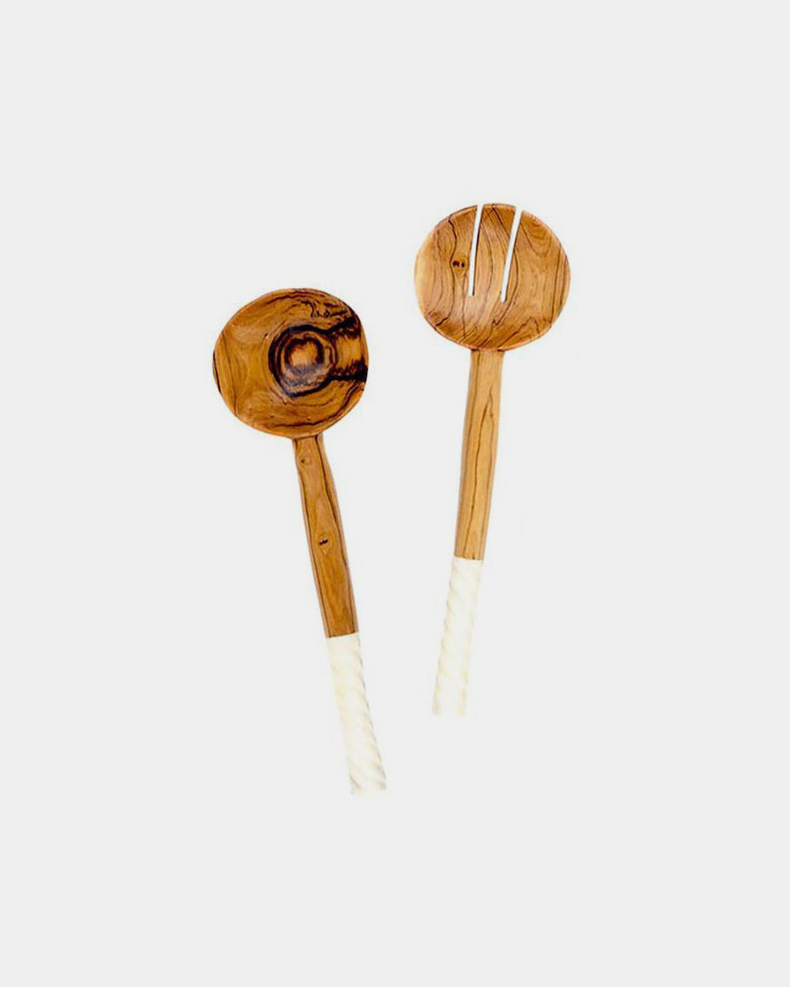 White Swirl Round Olivewood Salad Servers - Hesby