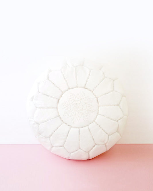 White Leather Moroccan Pouf - Hesby