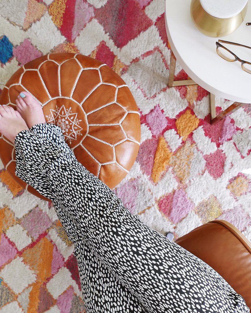 Brown Leather Moroccan Pouf - Hesby