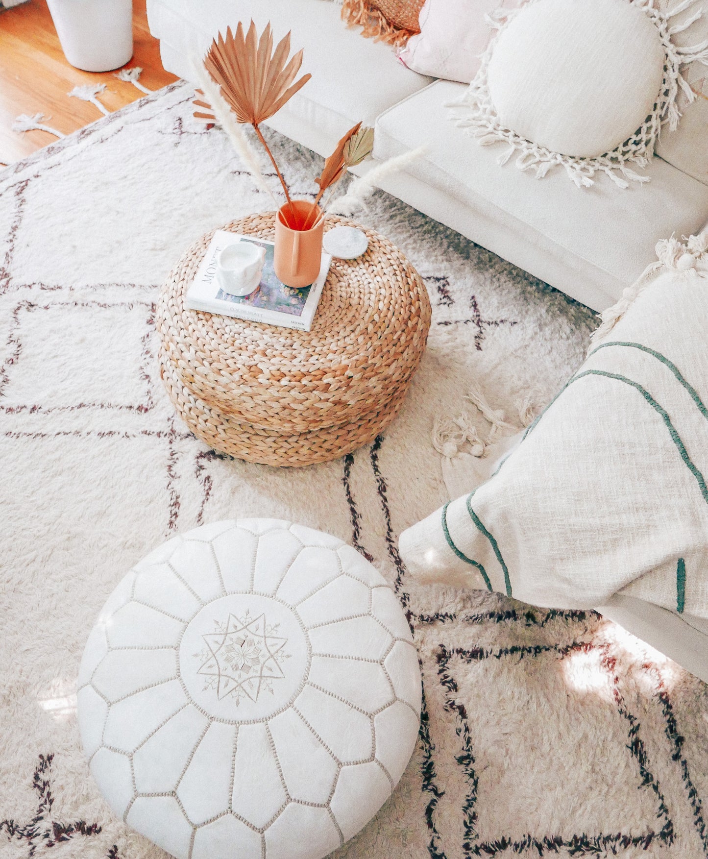 White Leather Moroccan Pouf