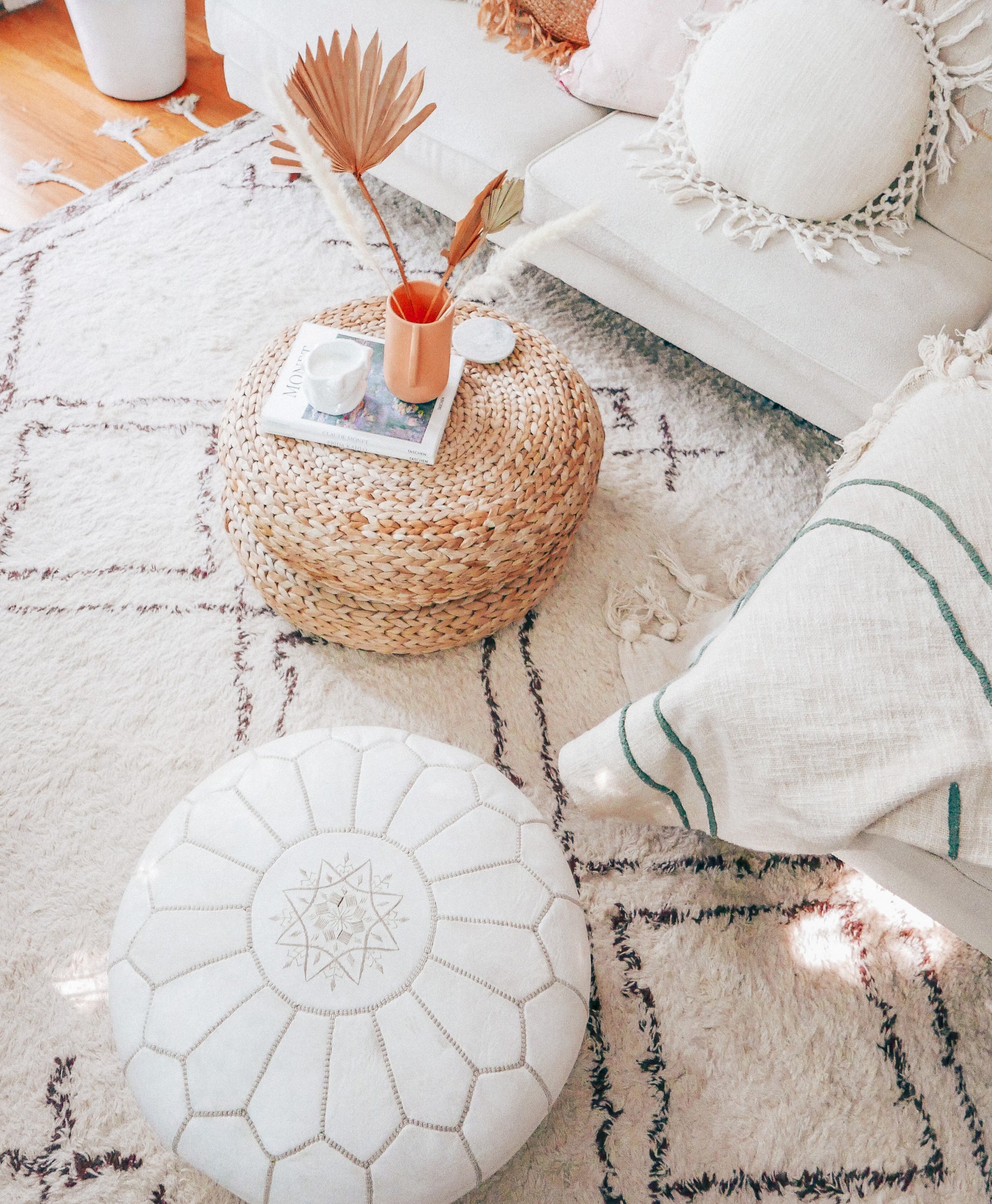 Handmade Stuffed White Leather Moroccan Pouf – Hesby